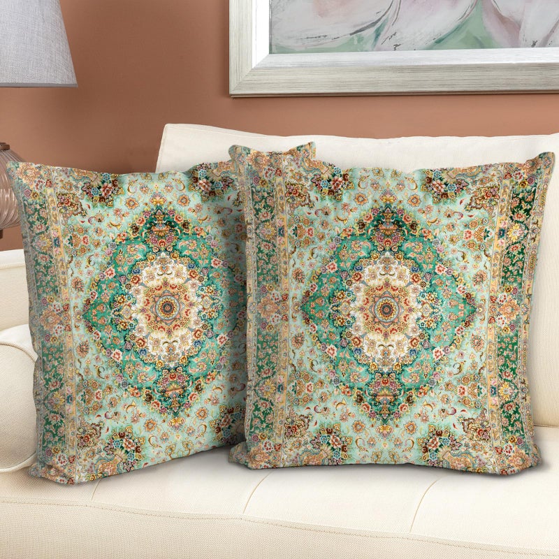 BUAEL Boho Floral Throw Pillow Covers 18x18 inch Set of 2Green Boho Rug Geometric Floral Pattern Decor Double Sided Pattern Cushion Cover Soft Pillow Case Living Sofa Room Bed Square Pillow Cover - Image 2