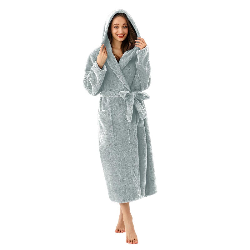RONGTAI Hooded Robes for Women Long Plush Bathrobe Soft Warm Thick Nightgown with Pockets Belt Fluffy Sleepwear Grey L - Image 1