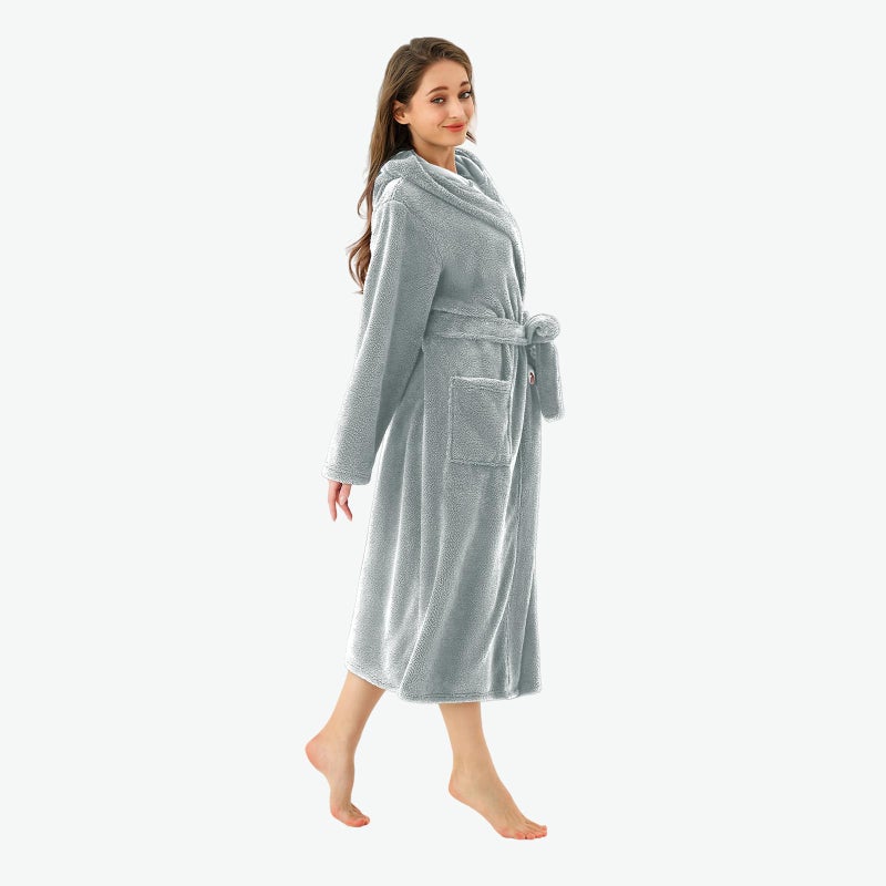 RONGTAI Hooded Robes for Women Long Plush Bathrobe Soft Warm Thick Nightgown with Pockets Belt Fluffy Sleepwear Grey L - Image 3