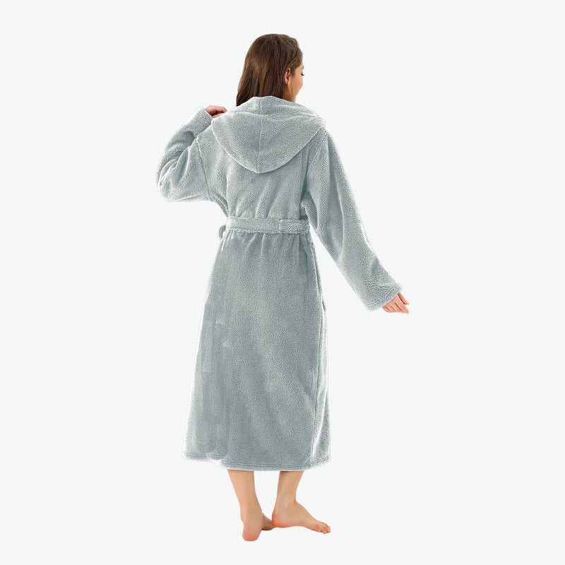 RONGTAI Hooded Robes for Women Long Plush Bathrobe Soft Warm Thick Nightgown with Pockets Belt Fluffy Sleepwear Grey L - Image 2