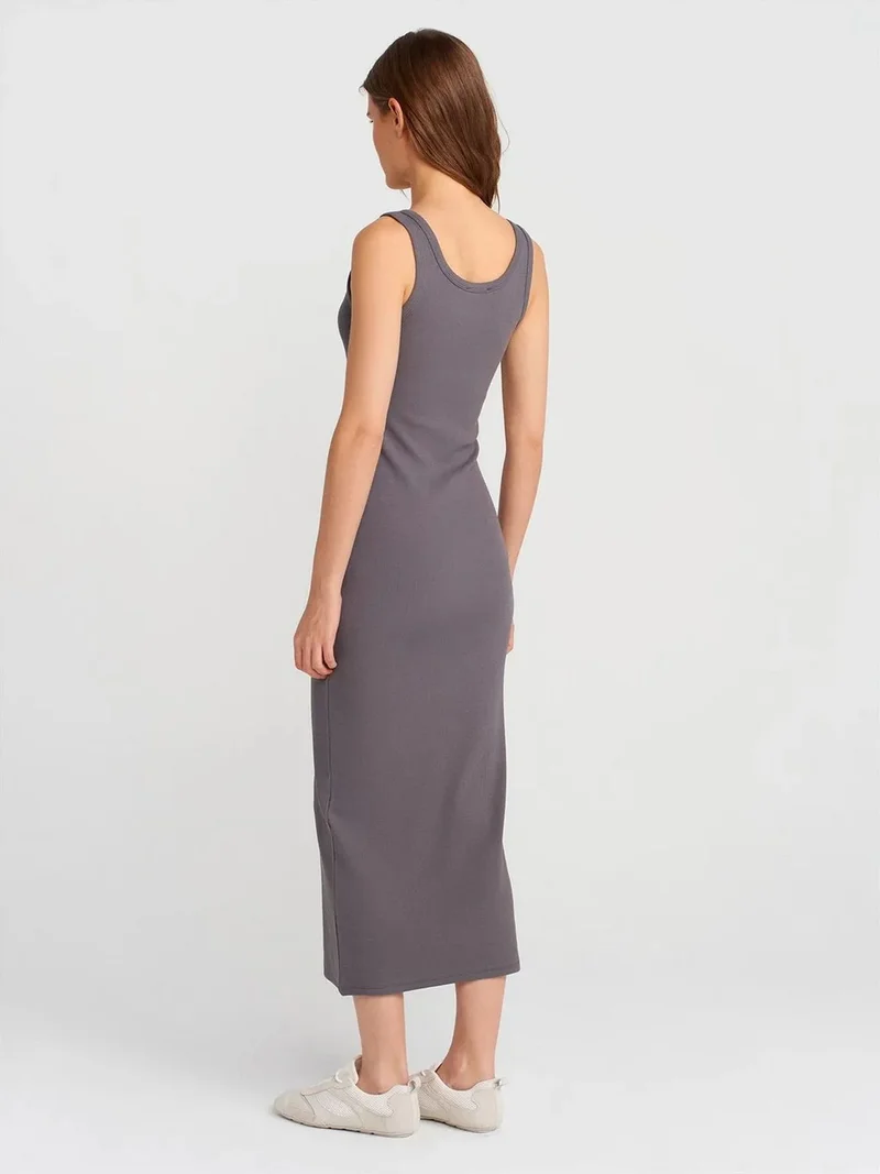 ديلفين Dilvin Ribbed Midi Bodycon Dress With Buttons
