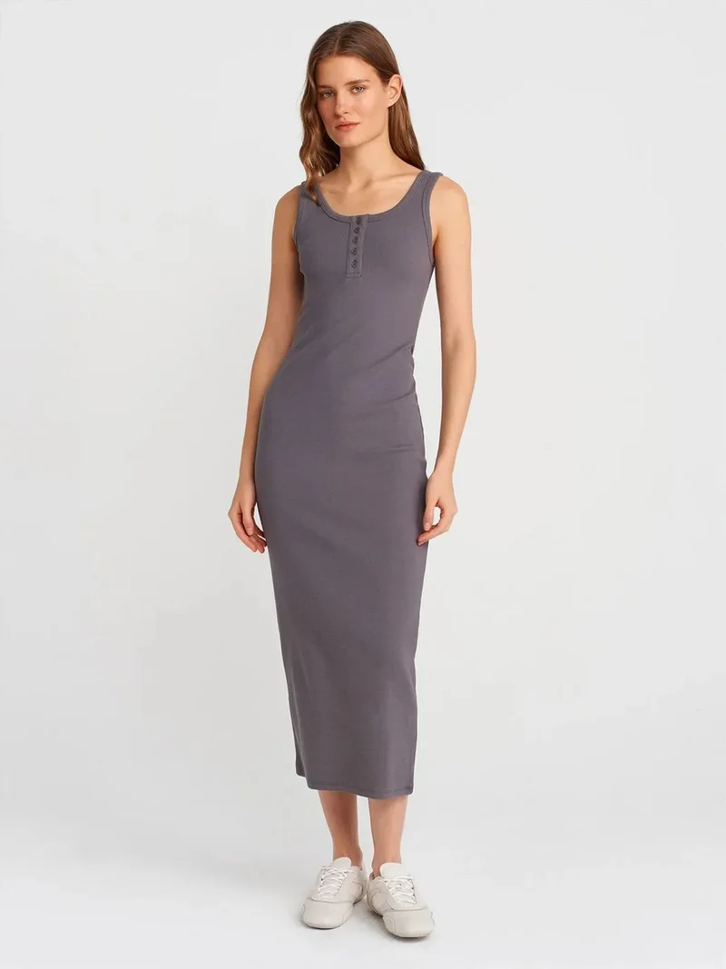 ديلفين Dilvin Ribbed Midi Bodycon Dress With Buttons