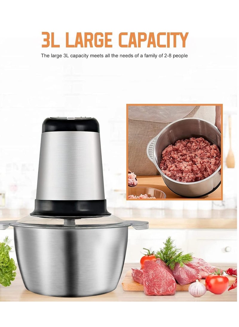 Food Chopper, Electric Meat Chopper with Powerful Motor, 3L Stainless Steel, 2 Speed Levels, Safety Function, Multi Chopper for Meat, Fruits, Vegetables (sliver 1) - Image 2