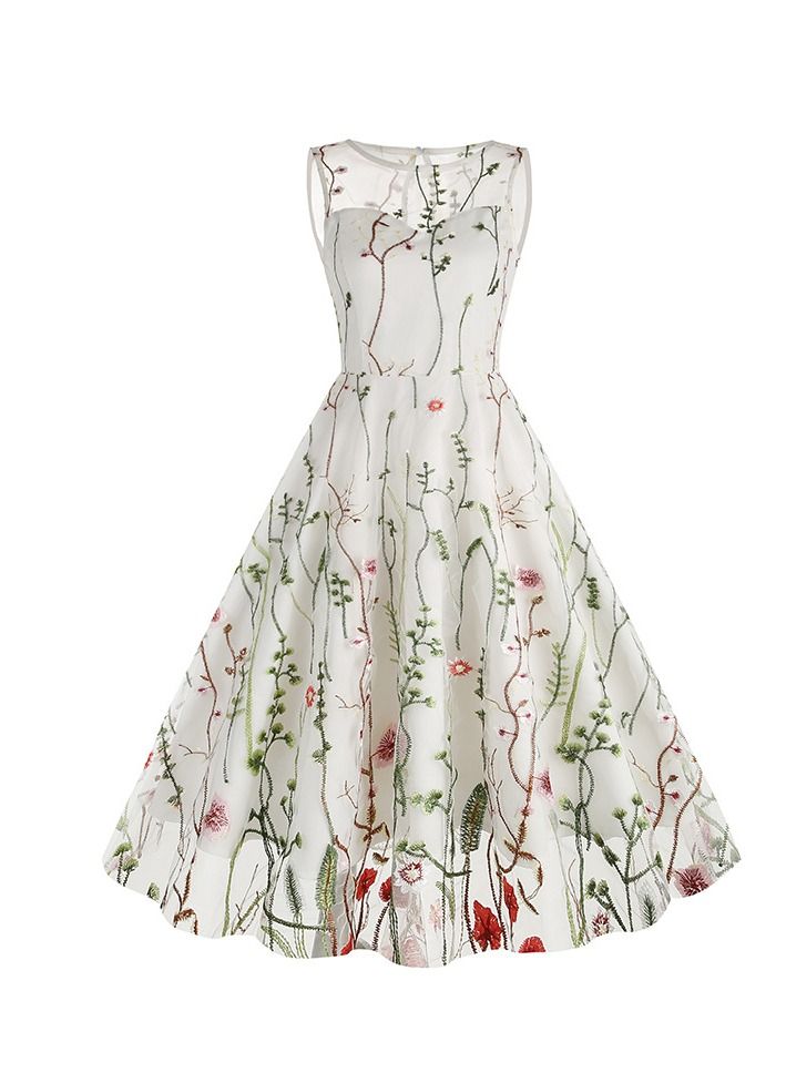 Loquat Floral Embroidered Vintage Midi Dress White - Image 1