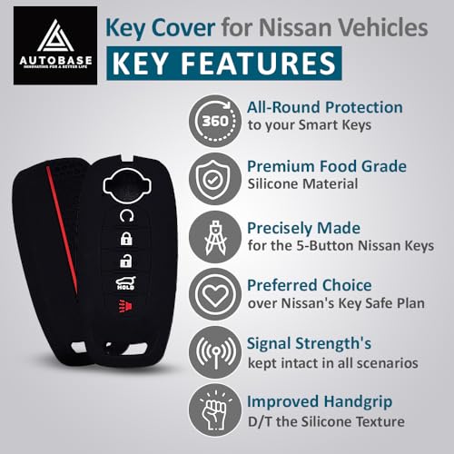 Autobase Silicone Key Fob Cover for 2023 2024 2025 Nissan Rogue Pathfinder Sentra | Rubber Remote Key Fob Protector Case with 5 Buttons - Black - 2 Pcs - Image 3