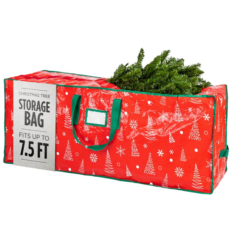 Handy Laundry Christmas Tree Storage Bag - Stores 7.5 Foot Artificial Xmas Holiday Tree, Zippered Bag, Durable Waterproof Material, Carry Handles - Protects Against Dust, Insects and Moisture (Red Printed) - Image 1