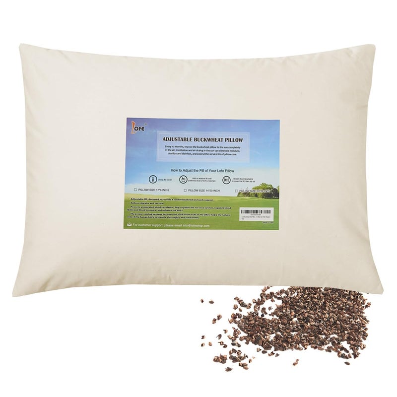LOFE Organic Buckwheat Pillow for Sleeping - 14''x20'', Adjustable Loft, Breathable for Cool Sleep, Cervical Support for Back and Side Sleepers(Tartary Buckwheat Hulls) - Image 1