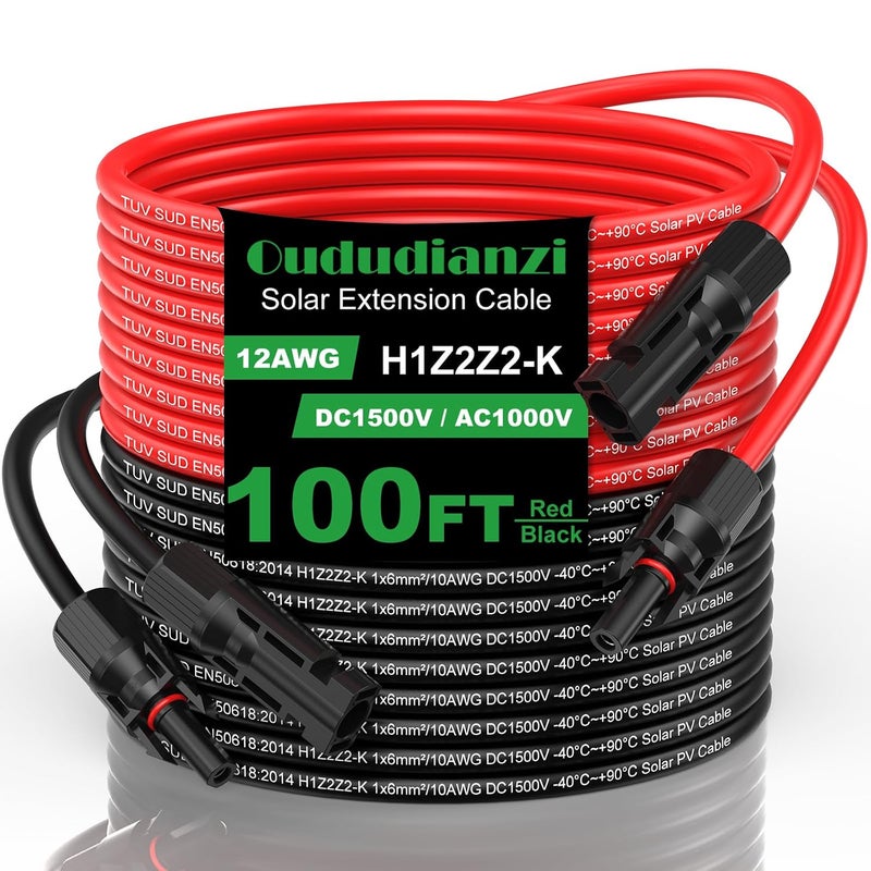 Oududianzi كابل تمديد الطاقة الشمسية من أودوديانزي 12AWG بطول 100 قدم، سلك طاقة شمسية من النحاس المطلي بالقصدير عيار 12، أسلاك وموصلات الألواح الشمسية للمنزل وعربة السكن المتنقلة والقارب والتخييم الخارجي في أنظمة الطاقة الشمسية الكهروضوئية، مجموعة من 2 - Image 1