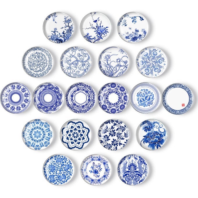 20 PIECES GLASS REFRIGERATOR MAGNETS ROUND BLUE AND WHITE PORCELAIN REFRIGERATOR MAGNETS FOR FRIDGE WHITEBOARD OFFICE LOCKER CABINET DISHWASHER DECORATION GIFT