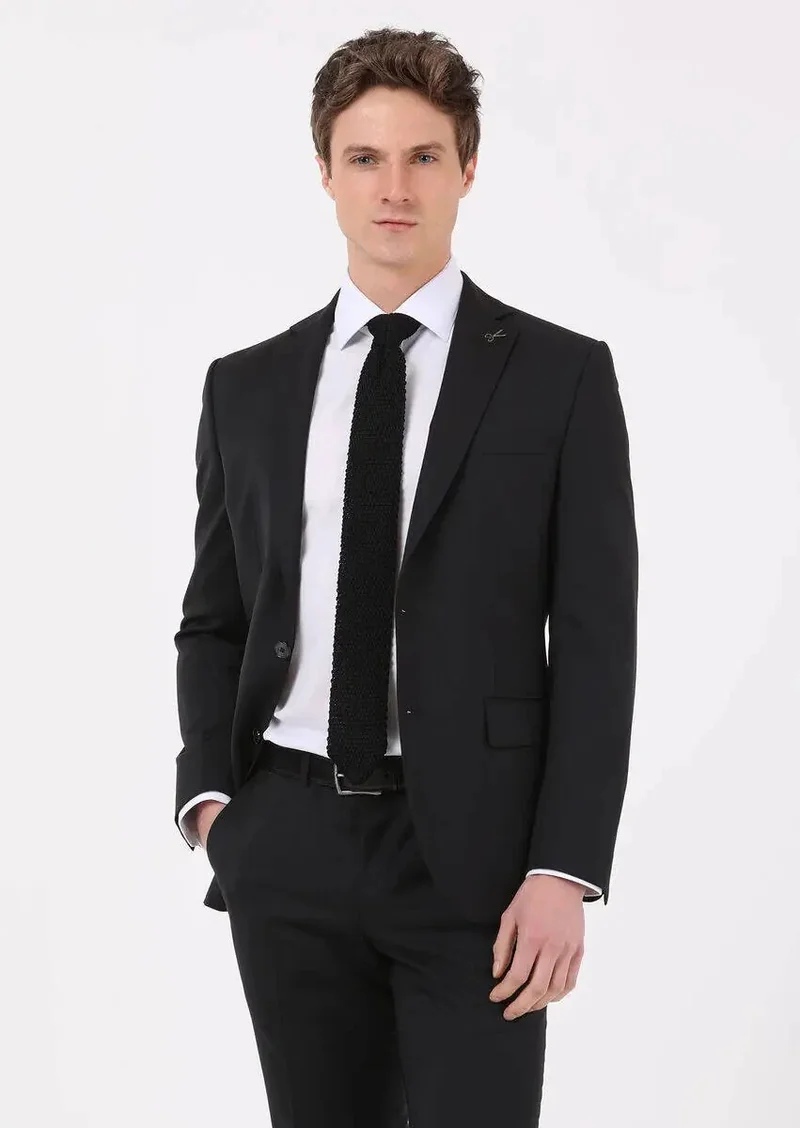 RAMSEY Black Plain Modern Fit 100% Wool Suit