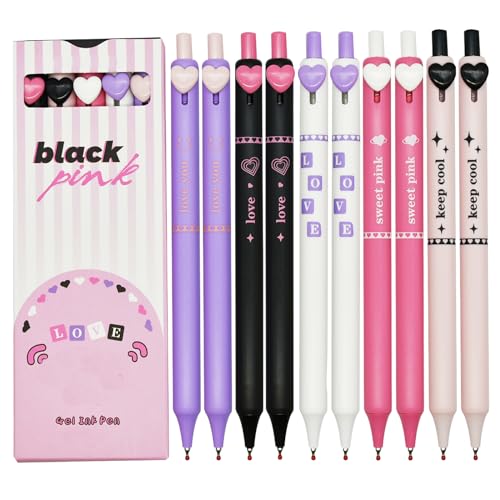 Maydahui 10 Pcs Colorful Heart Shaped Button Pens Retractable Cool Love Heart Gel Press Pens Black Ink For Women Office Supplies - Image 1