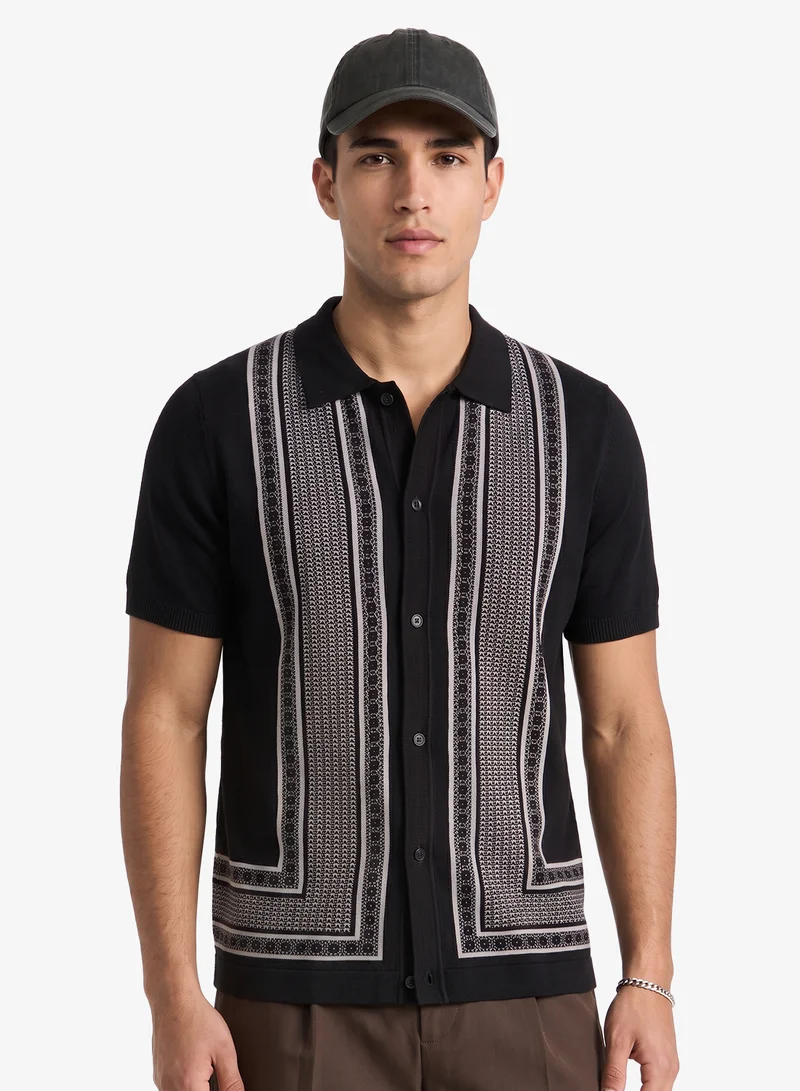 Seventy Five Button Up Polo Shirt With Panel Detail