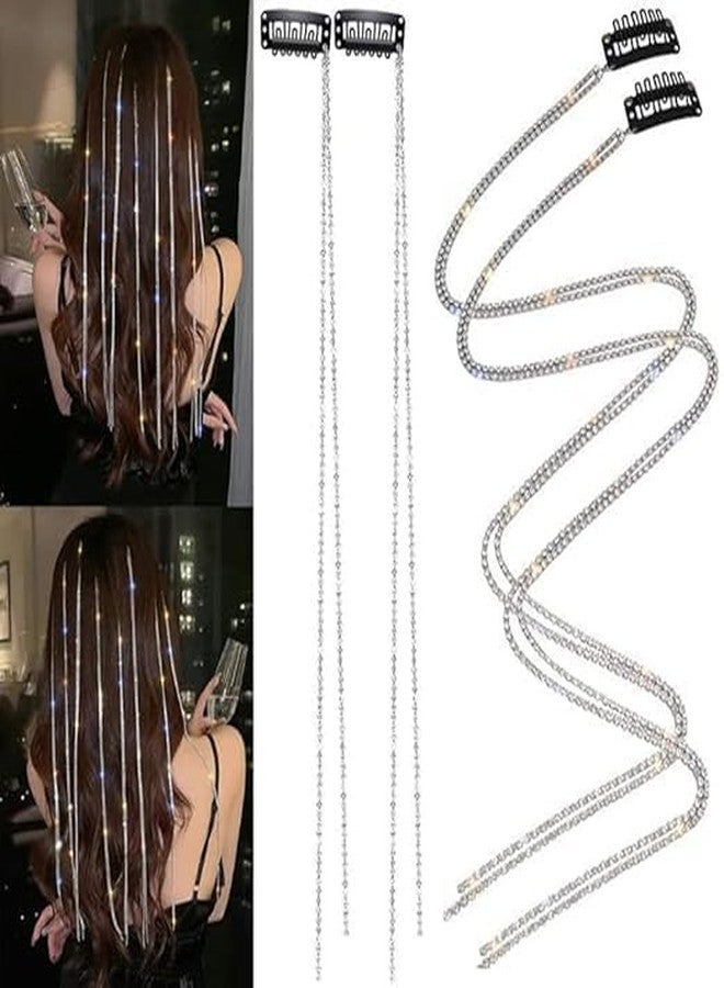 FICTIOUS 4 Pcs Shiny Rhinestone Hair Clips with Tassels, Crystal Hair Chains in Silver and Gold, Decorative Hair Extensions for Braids, Women & Girls Accessories - Image 1