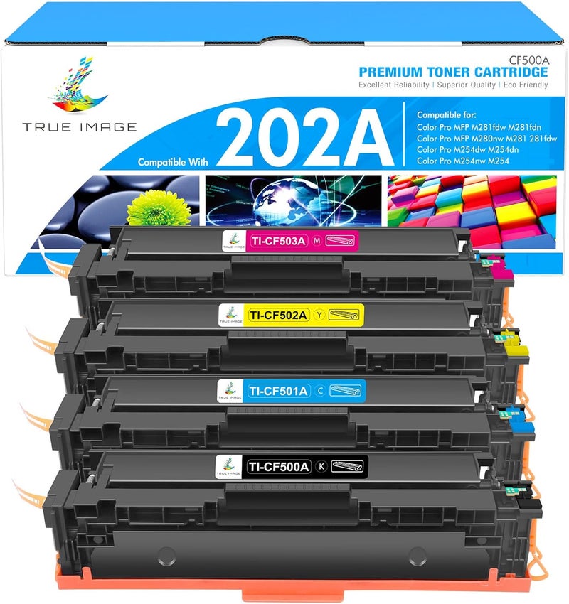 خرطوشة حبر بديلة متوافقة لطابعات HP 202A CF500A 202X M281fdw Color Laserjet Pro MFP M281fdw M281cdw M254dw M281fdn M254 M281 202 (أسود سماوي أصفر أرجواني، 4 عبوات) - Image 1
