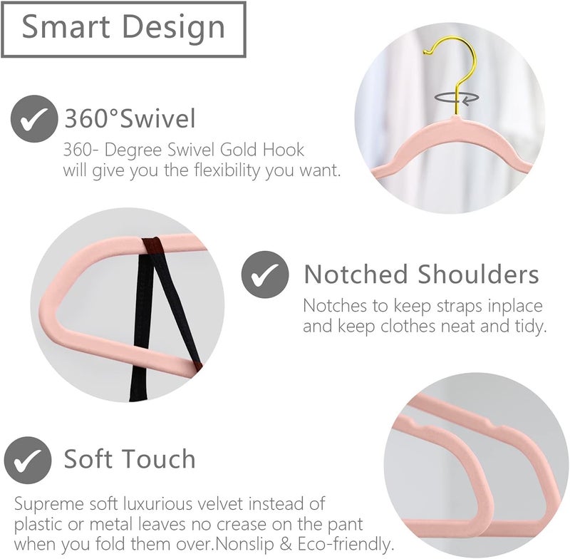 MIZGI Premium Velvet Hangers (Pack of 50) Heavyduty - Non Slip - Velvet Suit Hangers Blush Pink - Gold Hooks,Space Saving Clothes Hangers Felt Organizer (Blush Pink) - Image 3
