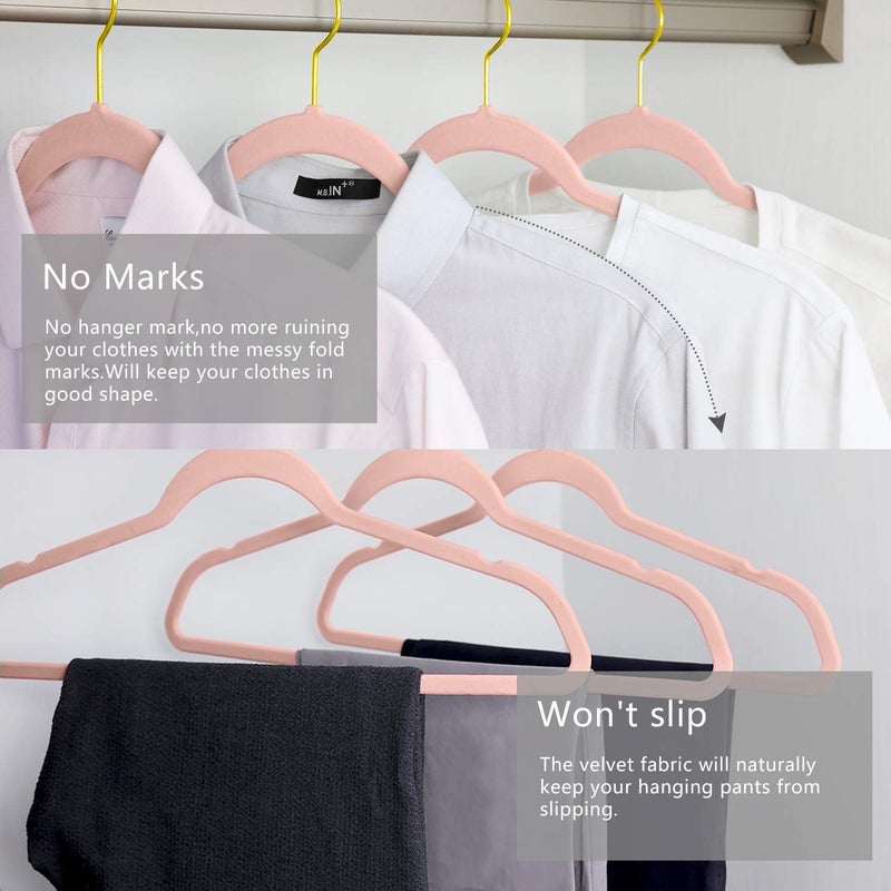 MIZGI Premium Velvet Hangers (Pack of 50) Heavyduty - Non Slip - Velvet Suit Hangers Blush Pink - Gold Hooks,Space Saving Clothes Hangers Felt Organizer (Blush Pink) - Image 4