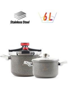 Life Smile LIFE SMILE Induction Granite Coated Pressure Cooker Set 6Liter + 4Liter Easy Open 18/10 Stainless Steel with Glass Lid and Extra Silicone - Suitable for all kinds of Stoves - Dishwasher Safe (Grey)  - Image 1