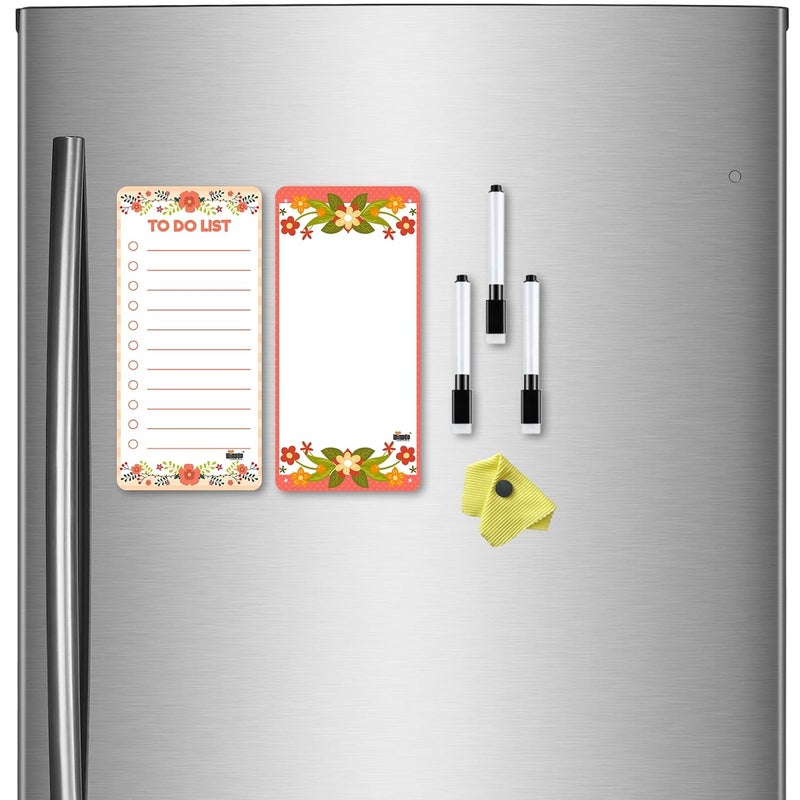 Windup Magnetic to Do List Set with Floral Design, 2 10X21 cm Dry-Erase Sheets, Magnetic Pens and Eraser Cloth for Refrigerator - Set H - Image 1