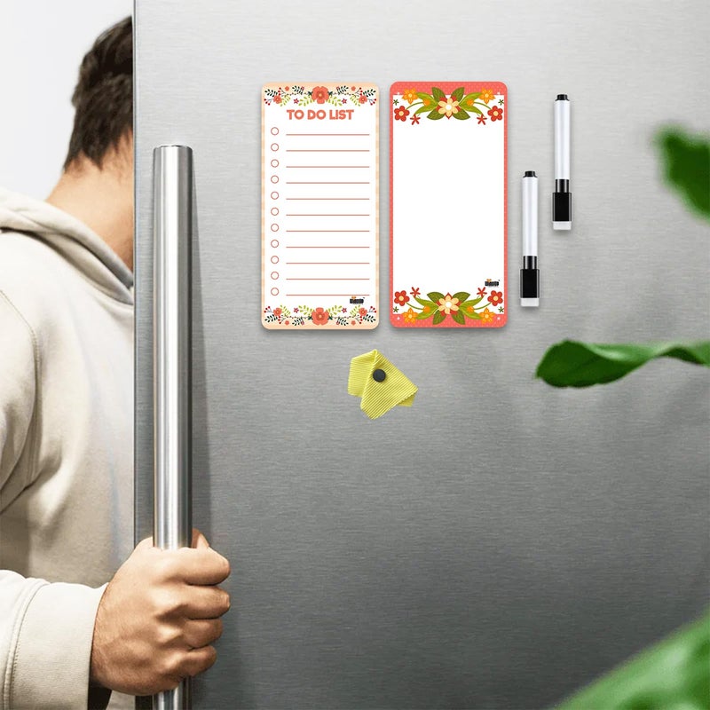 Windup Magnetic to Do List Set with Floral Design, 2 10X21 cm Dry-Erase Sheets, Magnetic Pens and Eraser Cloth for Refrigerator - Set H - Image 2