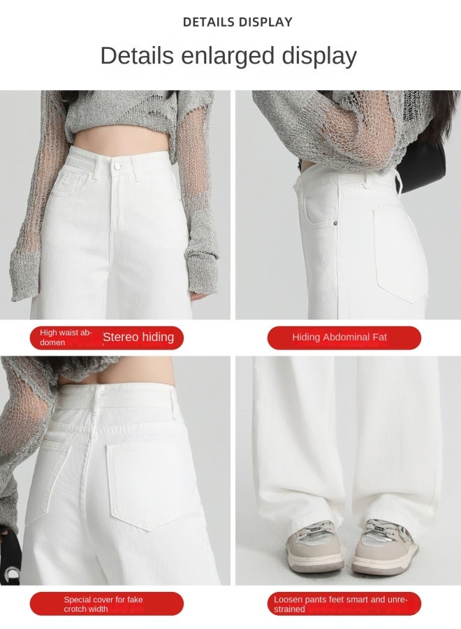 هابي بنطلون أبيض واسع الساق، جينز مبطن بالفرو للنساء، الخريف والشتاء، جسم على شكل كمثرى، مرتفع الخصر، فضفاض، نحيف، بنطلون مستقيم الساق ضيق - Image 2
