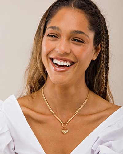NUZON Love Heart Pendant Necklace for Women 18K Gold Plated Thick Flat Herringbone Snake Chain Choker Engraving “Love You” Charm Sailor Lock Layering Jewelry 16’’ - Image 2