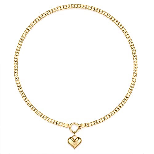 NUZON Love Heart Pendant Necklace for Women 18K Gold Plated Thick Flat Herringbone Snake Chain Choker Engraving “Love You” Charm Sailor Lock Layering Jewelry 16’’ - Image 1