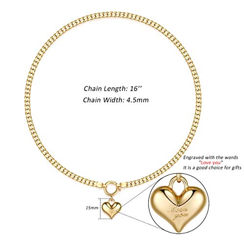 NUZON Love Heart Pendant Necklace for Women 18K Gold Plated Thick Flat Herringbone Snake Chain Choker Engraving “Love You” Charm Sailor Lock Layering Jewelry 16’’ - Image 4