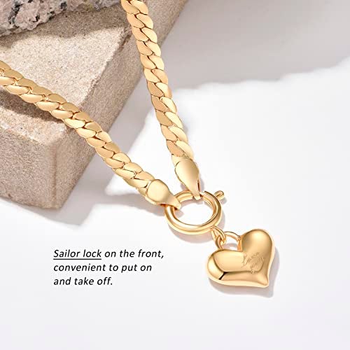 NUZON Love Heart Pendant Necklace for Women 18K Gold Plated Thick Flat Herringbone Snake Chain Choker Engraving “Love You” Charm Sailor Lock Layering Jewelry 16’’ - Image 5