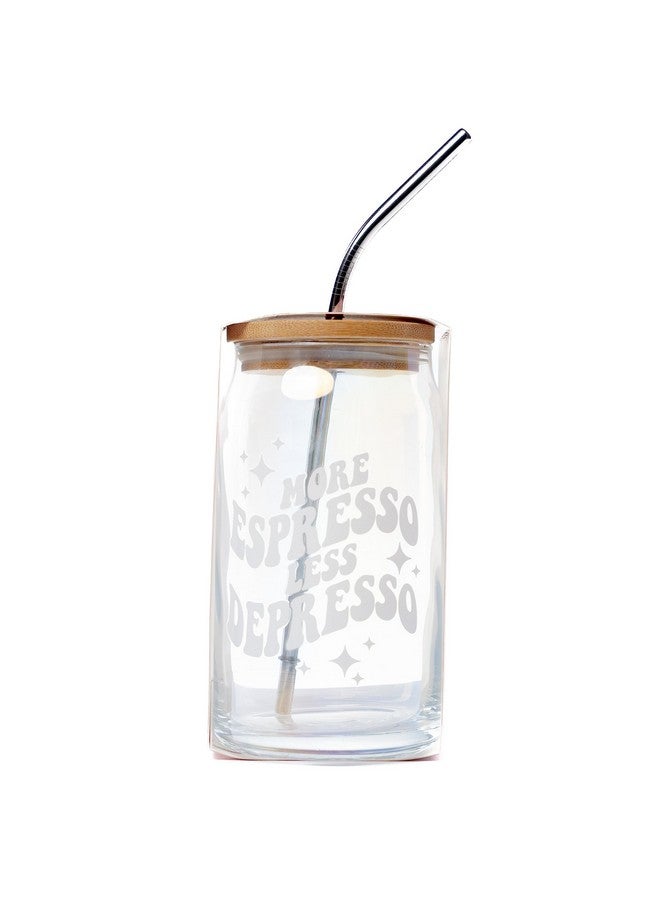 NPW Good Vibes More Espresso Less Depresso Can Glass with Lid and Metal Straw - Lightweight, Premium Can Glass for Beer, Juice, Water, Soda, Iced Coffee to Add Good Vibes - Image 1
