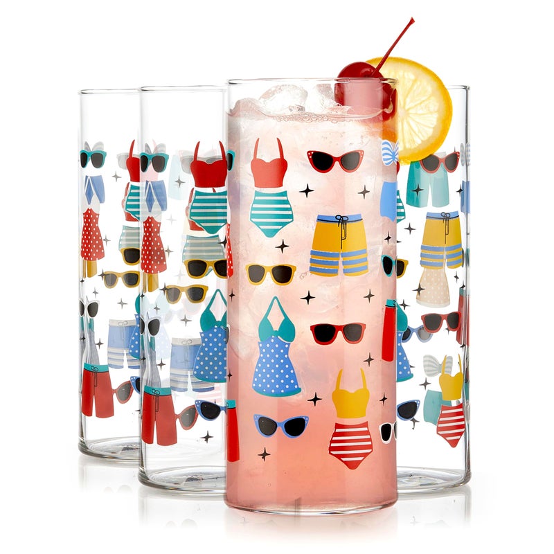 Libbey Vintage Swim Drinking Glasses Set of 4 Colorful Retro Swimsuits Design Glass Cups Set Dishwasher Safe Water Glasses Set for Cocktails