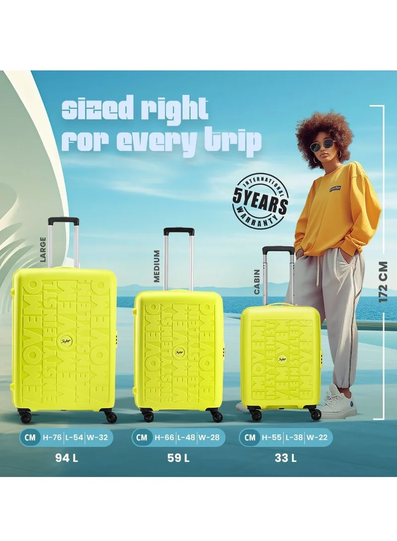 Skybags Play Set of 3 Polypropylene(PP), 4 Spinner Double Wheel Trolley Bags for Travel, Hard Case Lightweight Bag with TSA Lock, Tough Suitcase for Travel (Large-28, Medium-24, Cabin-20 Inch), Lime Green