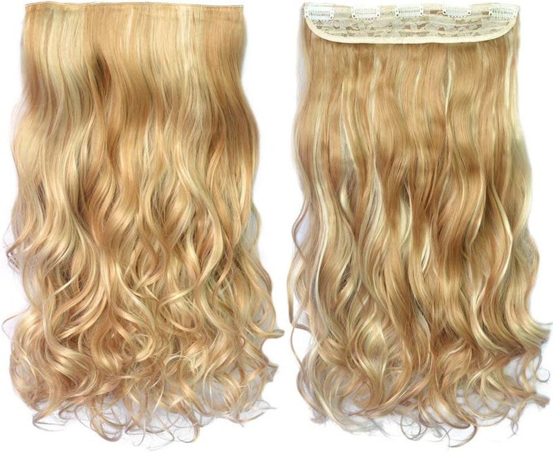 REECHO 20" 1-Pack 3/4 Full Head Curly Wave Blonde Mixed Hair Color Clips in on Synthetic Hair Extensions Hairpieces for Women 5 Clips 4.5 Oz per Piece - Medium Blonde with Highlights - Image 1