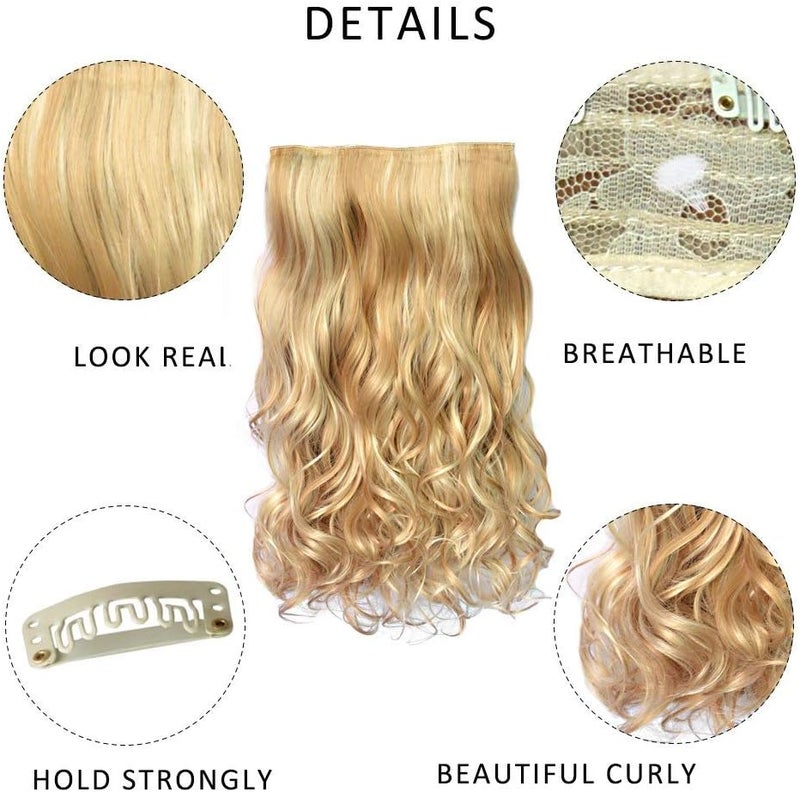 REECHO 20" 1-Pack 3/4 Full Head Curly Wave Blonde Mixed Hair Color Clips in on Synthetic Hair Extensions Hairpieces for Women 5 Clips 4.5 Oz per Piece - Medium Blonde with Highlights - Image 2