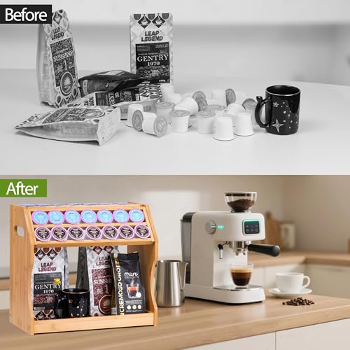 Thalomely 2Tier K Cup Holder Condiment Organizer Bamboo Coffee Pod Organizer Coffee Bar Accessory for Home or OfficeSpaceSaving Storage Rack with Handles - Image 3