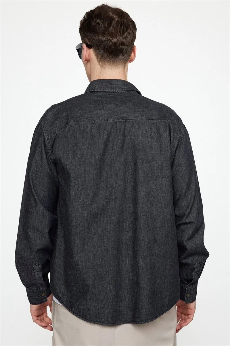 تودورس Relax Fit Comfortable Fit Double Pocket Flap Denim Men's Black Shirt with Snap Fasteners