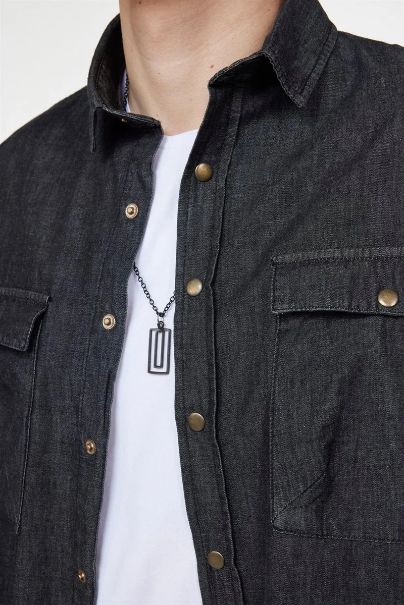 تودورس Relax Fit Comfortable Fit Double Pocket Flap Denim Men's Black Shirt with Snap Fasteners
