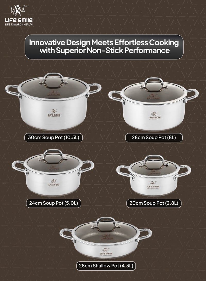 Life Smile Hybrid Stainless Steel Cookware Set – Non-Stick, Induction Compatible Soup Pots 20/24/28/30cm and 28cm Shallow Pot) - Image 5