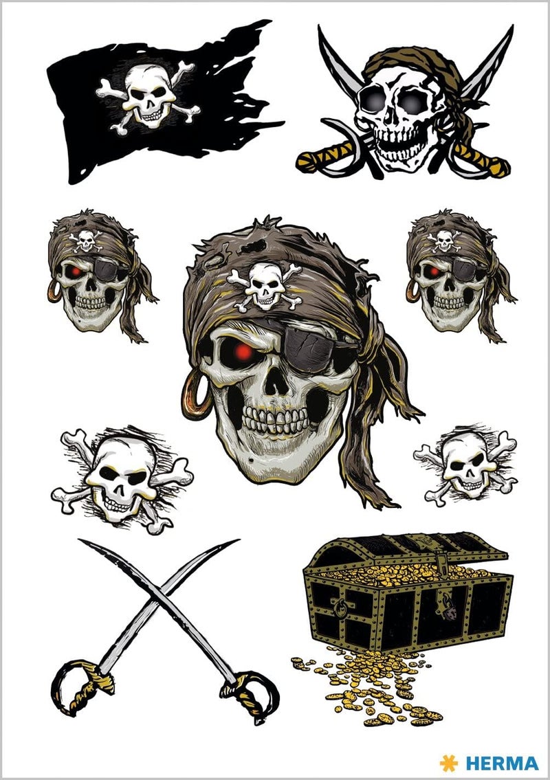 HERMA 15633 Temporary Tattoos Skull, Pack of 9, Adhesive Tattoos for Sticking, Fake Tattoos Stickers with Pirate Flag Motif, Children's Tattoos Sticker for Carnival Children Adults Cross product compatible - Image 2
