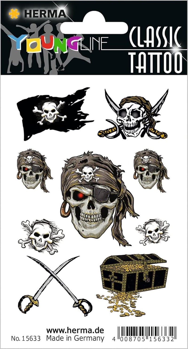 HERMA 15633 Temporary Tattoos Skull, Pack of 9, Adhesive Tattoos for Sticking, Fake Tattoos Stickers with Pirate Flag Motif, Children's Tattoos Sticker for Carnival Children Adults Cross product compatible - Image 1