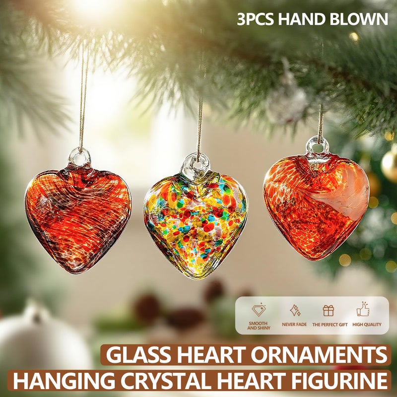 KRISININE 3Pcs Hand Blown Glass Heart Ornaments 3.5inch Hanging Crystal Heart Figurine for Home Garden Tree Decoration(Red) - Image 3