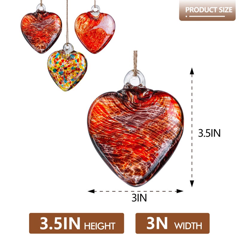 KRISININE 3Pcs Hand Blown Glass Heart Ornaments 3.5inch Hanging Crystal Heart Figurine for Home Garden Tree Decoration(Red) - Image 2