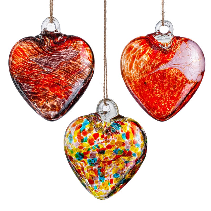 KRISININE 3Pcs Hand Blown Glass Heart Ornaments 3.5inch Hanging Crystal Heart Figurine for Home Garden Tree Decoration(Red) - Image 1