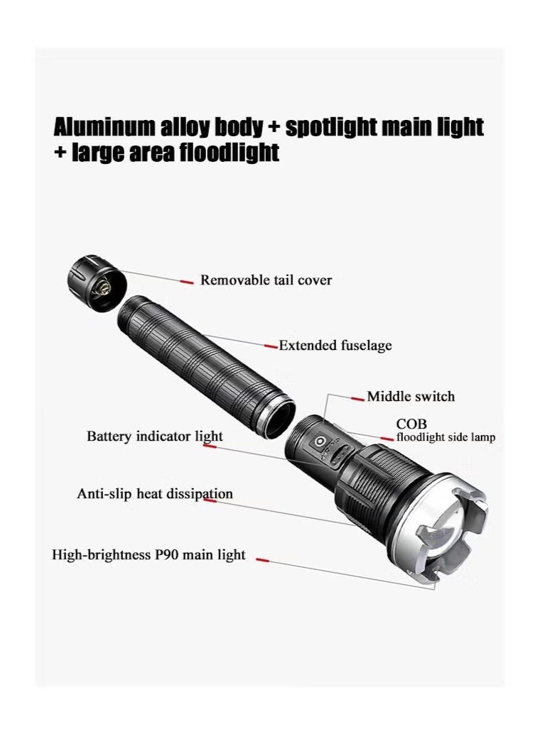 Gonice Aluminum Alloy Body - Rechargeable Zoom Long-Range Outdoor Handheld Flashlight - 9000 Lumens High-Intensity Flashlight-Equipped With A Flashlight 26500 mAh Battery USB Charging - Image 2