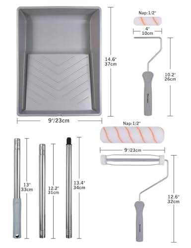 ROLLINGDOG Paint Roller Kit with Extension Pole - 9 Inch Paint Roller with Tray, 4Inch Mini Rollers,Stainless Steel Extension Pole (3ft) - Image 2