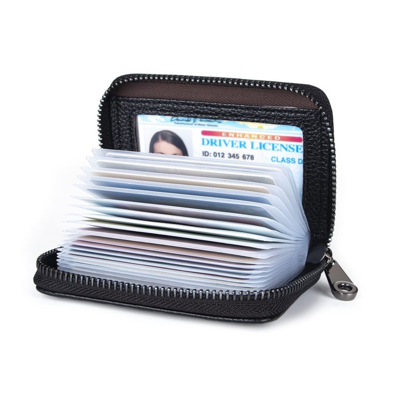Suweibuke Genuine Leather Credit Card Holder Zipper Wallet RFID Blocking Secure Card Case ID Case Organizer (Classic Black) - Image 1
