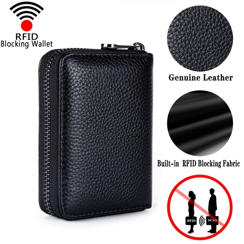 Suweibuke Genuine Leather Credit Card Holder Zipper Wallet RFID Blocking Secure Card Case ID Case Organizer (Classic Black) - Image 4