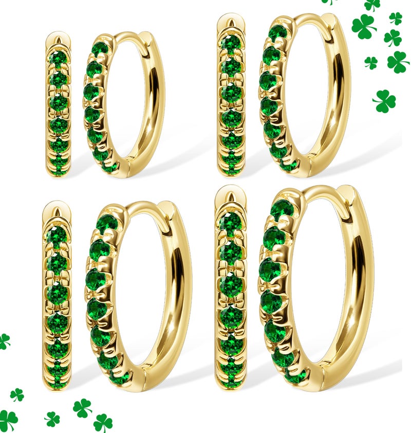 Poxtex St Patrick's Day Earrings Gold Green Earrings Set for Women, Small Huggie Hoop Stack Cartilage Earring for Multiple Piercing,Green Clip On Jewelry for Women - Image 1