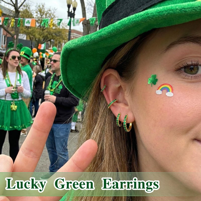 Poxtex St Patrick's Day Earrings Gold Green Earrings Set for Women, Small Huggie Hoop Stack Cartilage Earring for Multiple Piercing,Green Clip On Jewelry for Women - Image 2