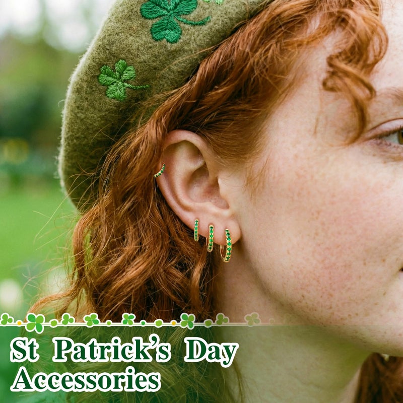 Poxtex St Patrick's Day Earrings Gold Green Earrings Set for Women, Small Huggie Hoop Stack Cartilage Earring for Multiple Piercing,Green Clip On Jewelry for Women - Image 5