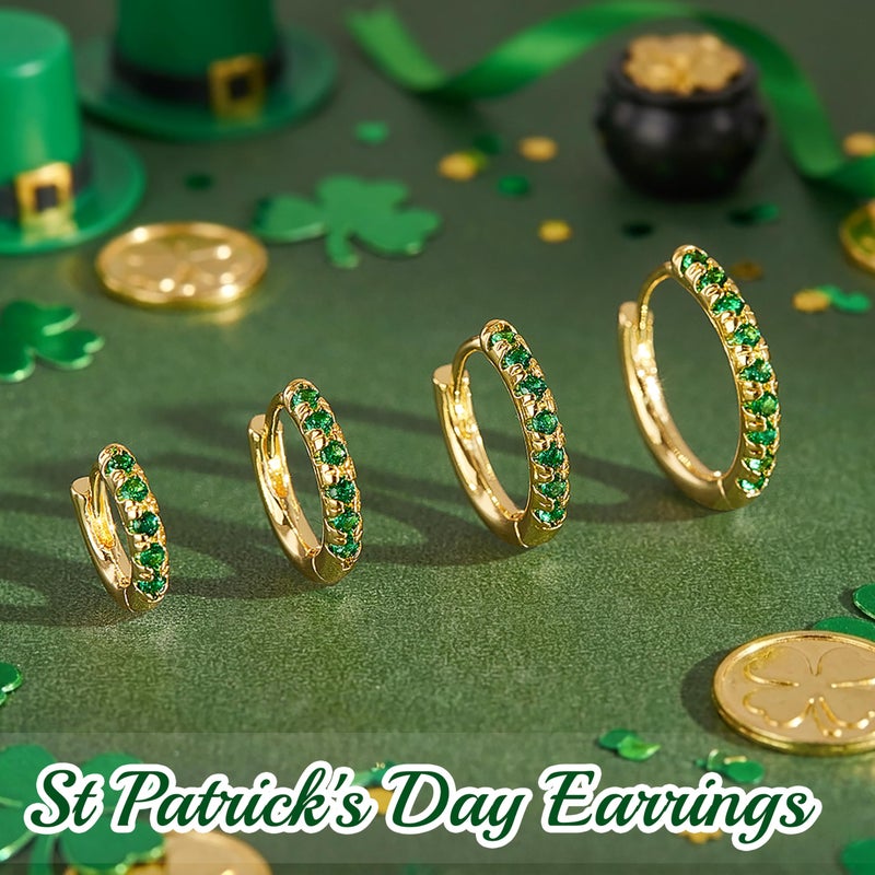 Poxtex St Patrick's Day Earrings Gold Green Earrings Set for Women, Small Huggie Hoop Stack Cartilage Earring for Multiple Piercing,Green Clip On Jewelry for Women - Image 3